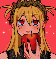 1girl absurdres amane_misa apple blonde_hair blush commentary cross cross_earrings death_note earrings fingernails food fruit goth_fashion gothic_lolita highres huyandere jewelry lolita_fashion short_twintails smile twintails