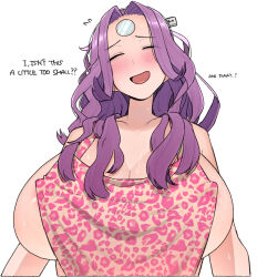 Rule 34 | 1girl, apron, blush, breasts, cleavage, english text, flying sweatdrops, large breasts, long hair, ohasi, open mouth, original, pc (ohasi), purple hair, sideboob, simple background, solo, sweat, upper body, usb, white background