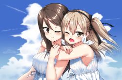 Rule 34 | 10s, 2girls, ;d, black ribbon, brown eyes, brown hair, closed mouth, cloud, cloudy sky, commentary, contrail, day, dress, from side, girls und panzer, hair ribbon, hikyakuashibi, hug, hug from behind, light brown hair, long hair, looking at another, looking at viewer, looking back, mika (girls und panzer), multiple girls, one eye closed, open mouth, outdoors, ribbon, shimada arisu, side ponytail, sky, sleeveless, sleeveless dress, smile, upper body, white dress