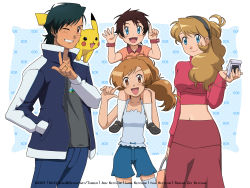 Rule 34 | 2boys, 2girls, :d, aged up, ash ketchum, black hair, blue eyes, blue pants, blue shorts, brown eyes, brown hair, camera, character name, closed mouth, collared shirt, commentary, creatures (company), crop top, english commentary, eyelashes, game freak, gen 1 pokemon, grey shirt, grin, hairband, hand in pocket, hand up, holding, holding camera, if they mated, jacket, jewelry, light brown hair, long hair, long sleeves, multiple boys, multiple girls, navel, necklace, nintendo, noelia ponce, one eye closed, open clothes, open jacket, open mouth, pants, pikachu, pokemon, pokemon (anime), pokemon (creature), pokemon xy (anime), shirt, short hair, shorts, skirt, sleeveless, sleeveless shirt, smile, teeth, thighhighs, tongue