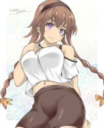 Rule 34 | 1girl, alternate costume, braid, breasts, brown hairband, brown skirt, commentary request, cowboy shot, gakky, grey eyes, hair ornament, hairband, kantai collection, light brown hair, long hair, looking at viewer, medium breasts, navel, one-hour drawing challenge, propeller hair ornament, shirt, skirt, solo, teruzuki (kancolle), twin braids, white shirt