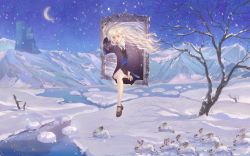 Rule 34 | 1girl, animal, arm support, arm up, bare legs, bare tree, black coat, black footwear, black necktie, black skirt, black vest, blue sky, building, climbing, coat, collared shirt, commentary, crescent moon, earrings, english commentary, fantasy, floating hair, flock, harry potter (series), highres, hogwarts school uniform, holding, holding wand, jacket, jewelry, long sleeves, looking away, looking down, luna lovegood, mary janes, miniskirt, moon, necktie, outdoors, picture frame, portal (object), rabbit, ravenclaw, river, sbgpand, scenery, school uniform, shadow, shirt, shoes, skirt, sky, snow, snowing, solo, sparkle, tree, two-sided fabric, two-sided jacket, vest, wand, wavy hair, white shirt, wide sleeves, wizarding world