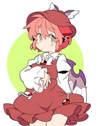 Rule 34 | 1girl, animal ears, bird ears, bird wings, blush, brown dress, brown hat, closed mouth, collared shirt, cowboy shot, dress, earrings, frilled sleeves, frills, grey eyes, hat, highres, ini (inunabe00), jewelry, long sleeves, looking at viewer, mystia lorelei, pink hair, shirt, short hair, single earring, sleeve garter, solo, touhou, white shirt, white wings, winged hat, wings