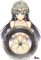 Rule 34 | 1girl, ahoge, blue eyes, breasts, censored, convenient censoring, long hair, looking at viewer, nude, original, shima udon, silver hair, simple background, smile, solo, wheel, white background