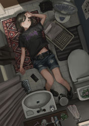 Rule 34 | 1girl, absurdres, bathroom, belt, black belt, black footwear, black hair, black shirt, blue shorts, body writing, drain (object), electric fan, from above, gishiki (gshk), hand up, highres, looking at viewer, lying, medium hair, midriff peek, navel, on back, on floor, original, parted lips, plant, potted plant, rug, shirt, short shorts, short sleeves, shorts, sink, solo, toilet, yellow eyes
