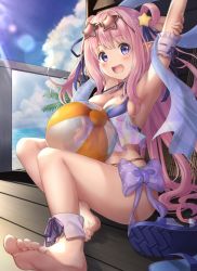 Rule 34 | 1girl, :d, arm behind head, armpits, arms up, ball, barefoot, beachball, bikini, blue bikini, blue footwear, blue ribbon, blue sky, blush, breasts, cleavage, cloud, cloudy sky, commentary request, day, feet, hagoromo, hair ornament, hair ribbon, hair rings, hatsune (princess connect!), horizon, legs, long hair, looking at viewer, medium breasts, ocean, open mouth, outdoors, palm tree, pink hair, princess connect!, purple eyes, railing, ribbon, round teeth, sandals, unworn sandals, see-through, shawl, shoe soles, sitting, sky, smile, soles, solo, star (symbol), star hair ornament, stretching, swimsuit, teeth, toenails, toes, transparent, tree, two side up, upper teeth only, very long hair, water, yuririn poi
