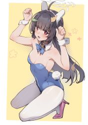 Rule 34 | 1girl, ahoge, animal ears, arms up, bare shoulders, black hair, blue archive, blue bow, blue leotard, blue neckwear, blush, bow, bowtie, breasts, collar, collarbone, detached collar, fake animal ears, fake tail, hair ornament, halo, high heels, highres, kneeling, leaf, leaf on head, leotard, long hair, looking at viewer, miyu (blue archive), open mouth, pantyhose, playboy bunny, rabbit ears, rabbit tail, red eyes, seinen, small breasts, solo, strapless, tail, white pantyhose, wrist cuffs, yellow background