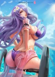 Rule 34 | 1girl, absurdres, ass, ass focus, bare shoulders, bikini, bikini top only, blurry, breasts, butt crack, camilla (fire emblem), camilla (summer) (fire emblem), depth of field, fire emblem, fire emblem fates, from behind, hair over one eye, highres, huge ass, large breasts, long hair, looking at viewer, looking back, mirai hikari, nail polish, nintendo, one eye covered, paid reward available, parted lips, purple bikini, purple hair, red eyes, shiny clothes, shiny skin, sideboob, smile, solo, swimsuit, thighs, very long hair, water, wedgie, wet, wet clothes, wet hair