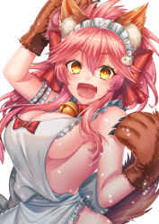 Rule 34 | 1girl, alternate costume, animal ear fluff, animal ears, animal hands, apron, bad id, bad pixiv id, bell, bow, breasts, brown gloves, cat hair ornament, cleavage, collar, enmaided, fate/grand order, fate (series), floating hair, fox ears, fox tail, frilled apron, frills, gloves, hair between eyes, hair bow, hair ornament, kamuinii, large breasts, long hair, looking at viewer, maid, maid headdress, naked apron, neck bell, paw gloves, pink hair, red bow, sideboob, simple background, solo, tail, tamamo (fate), tamamo cat (third ascension) (fate), upper body, very long hair, white apron, white background, yellow eyes