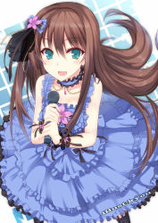 Rule 34 | 10s, 1girl, :d, aqua eyes, bare shoulders, blush, bow, brown hair, choker, dress, flower, frills, from above, hair bow, hair flower, hair ornament, hair ribbon, idolmaster, idolmaster cinderella girls, jewelry, long hair, looking at viewer, looking up, microphone, nakatama kyou, open mouth, pantyhose, ribbon, shibuya rin, skirt, smile, solo, striped clothes, striped legwear, striped pantyhose, vertical-striped clothes, vertical-striped legwear, vertical-striped pantyhose, wrist ribbon