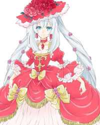 Rule 34 | 1girl, blue eyes, bow, choker, closed mouth, dress, dress bow, fate/grand order, fate (series), flower, frills, fringe trim, hair flower, hair ornament, hat, hat flower, juliet sleeves, long hair, long sleeves, looking at viewer, marie antoinette (fate), pink flower, pink rose, puffy sleeves, red dress, red flower, red hat, red neckwear, red rose, rose, shino-o, simple background, smile, solo, twintails, white background, white hair, yellow bow