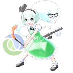 Rule 34 | 1boy, 1girl, black footwear, bob cut, bow, bowtie, breasts, buttons, collared shirt, crossover, frilled skirt, frills, glasses, gordon freeman, green eyes, green skirt, green vest, half-life, half-life (series), highres, konpaku youmu, konpaku youmu (ghost), mary janes, open mouth, profitshame, programming (topic), puffy short sleeves, puffy sleeves, scabbard, sheath, shirt, shoes, short hair, short sleeves, skirt, skirt set, small breasts, solo, standing, tools, touhou, vest, white background, white hair