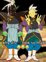 2boys angry crying_emoji dragon_ball dragon_ball_super emoji english_text face_in_shadow full_body gowasu happy highres long_sleeves looking_at_viewer male_focus meme multiple_boys photo_background short_hair side-by-side standing starlitdumbass why_dis_ninja_look_so_mad_(meme) zamasu