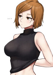 Rule 34 | ..., 1girl, absurdres, alternate breast size, arm behind back, bra visible through clothes, bralines, breasts, brown eyes, brown hair, closed mouth, expressionless, highres, jujutsu kaisen, kugisaki nobara, large breasts, looking to the side, midriff, nassss, navel, parted bangs, short hair, simple background, sleeveless, sleeveless turtleneck, solo, turtleneck, upper body, white background