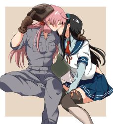 Rule 34 | 2girls, absurdres, akashi (kancolle), bad id, bad twitter id, black hair, blue sailor collar, blue skirt, border, brown gloves, clipboard, commentary request, feet out of frame, gloves, grey jumpsuit, hair ribbon, hairband, highres, hip vent, jumpsuit, kantai collection, kiss, long hair, long sleeves, mizin kosutin, multiple girls, necktie, ooyodo (kancolle), pink background, pink hair, pleated skirt, red neckwear, ribbon, sailor collar, school uniform, serafuku, sitting, skirt, thighhighs, tress ribbon, two-tone background, welding mask, white border, yuri