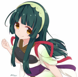 1girl aqua_hair artist_name closed_mouth eyes_visible_through_hair gradient_clothes gradient_kimono green_hairband green_kimono hairband hand_up highres japanese_clothes kimono long_hair muneate purple_sash sash short_sleeves simple_background smile solo split_mouth touhoku_zunko two-tone_kimono voiceroid white_background white_kimono yellow_eyes yoriha_yashiro yukata