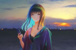 Rule 34 | 1girl, absurdres, blue shirt, blurry, blurry background, brown hair, cellphone, closed mouth, dress shirt, floating hair, highres, holding, holding phone, long hair, looking at viewer, nababa, original, outdoors, partially unbuttoned, phone, scar, shirt, smartphone, solo, upper body, yellow eyes