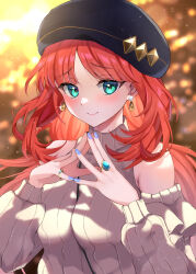 Rule 34 | 1girl, absurdres, aqua eyes, bare shoulders, beret, black hat, blue nails, blush, breasts, clothing cutout, commentary request, earrings, genshin impact, grey sweater, hat, highres, jewelry, long hair, looking at viewer, medium breasts, nail polish, nilou (genshin impact), own hands together, red hair, ribbed sweater, ring, shoulder cutout, smile, solo, steepled fingers, sweater, upper body, very long hair, wanatsu 15