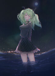 Rule 34 | 1girl, absurdres, alternate costume, black choker, black ribbon, black shirt, black skirt, ceres fauna, choker, closed eyes, closed mouth, green hair, hair ribbon, highres, hololive, hololive english, lace-trimmed choker, lace trim, long hair, night, night sky, ribbon, shirt, skirt, sky, smile, solo, taku artworks, twintails, virtual youtuber, wading, water