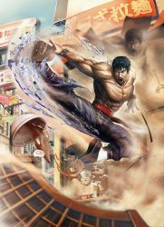 Rule 34 | black hair, bracelet, chef, chinese text, facial hair, jewelry, kicking, male focus, marshall law, namco, official art, spiked bracelet, spikes, street fighter, street fighter x tekken, tekken, translation request