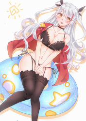 Rule 34 | 1girl, :d, azur lane, bikini, black thighhighs, blush, breasts, choker, cleavage, collarbone, garter straps, hair between eyes, hands on lap, innertube, jacket, jacket on shoulders, lace, lace-trimmed bikini, lace-trimmed legwear, lace trim, large breasts, long hair, looking at viewer, navel, okojyo, open mouth, prinz eugen (azur lane), side-tie bikini bottom, silver hair, simple background, sitting, smile, solo, sun, swim ring, swimsuit, thighhighs, two side up, wavy hair, yellow eyes