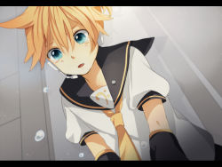 Rule 34 | 1boy, bass clef, black border, blonde hair, blue eyes, border, crying, crying with eyes open, detached sleeves, expressionless, from below, headset, kagamine len, kneeling, letterboxed, looking down, male focus, necktie, open mouth, puffy sleeves, sailor collar, shaded face, shirt, short hair, solo, tama (songe), tears, vocaloid, wall, white shirt, yellow necktie