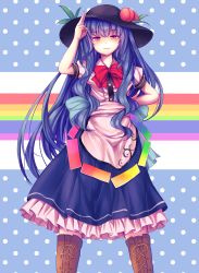 Rule 34 | 1girl, absurdres, arm up, blue hair, blue skirt, blush, boots, brown footwear, cross-laced footwear, food, frilled skirt, frills, fruit, hand on own hip, hat, highres, hinanawi tenshi, lipstick, long hair, looking at viewer, makeup, maru daizu (aqua6233), peach, polka dot, polka dot background, puffy short sleeves, puffy sleeves, rainbow order, red eyes, salute, short sleeves, skirt, smile, solo, standing, touhou, two-finger salute, v, very long hair