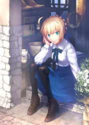 Rule 34 | 1girl, ahoge, aqua eyes, artoria pendragon (all), artoria pendragon (fate), bad id, bad pixiv id, black pantyhose, blonde hair, blue eyes, blue ribbon, blue skirt, boots, bowl, braid, brown footwear, collared shirt, cross-laced footwear, cup, drawing (object), dress, fate/stay night, fate (series), flower, full body, hair ribbon, tucking hair, hand to head, high-waist skirt, high heel boots, high heels, indoors, key, knees up, lace-up boots, light particles, long hair, long sleeves, looking at viewer, neck ribbon, nekotawa, on floor, pantyhose, plant, ribbon, saber (fate), shirt, sitting, skirt, smile, solo, stone wall, wall, white shirt, wreath