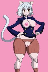 Rule 34 | 1girl, absurdres, animal ears, breastless clothes, breasts, cat ears, cat tail, claws, cleft of venus, clothing cutout, doll joints, female focus, highres, hunter x hunter, joints, kneehighs, large areolae, neferpitou, nipples, one eye closed, pussy, red eyes, shirt, shoes, short hair, slit pupils, socks, tail, white hair, wide hips