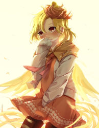 Rule 34 | 1girl, animal, animal on head, bird, bird on head, bird tail, bird wings, black thighhighs, blonde hair, blush, chick, cowboy shot, dress, feathered wings, highres, jacket, long sleeves, multicolored hair, niwatari kutaka, on head, open clothes, open jacket, orange dress, red eyes, red hair, short hair, solo, tail, tami (joemanyodw), thighhighs, touhou, two-tone hair, white jacket, wings, yellow wings
