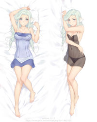 Rule 34 | 1girl, animal ears, aquaplus, arm across waist, arm up, armpits, bad id, bad pixiv id, bare arms, bare legs, bare shoulders, barefoot, bed, bed sheet, black panties, blue dress, blue eyes, blue hair, blush, breast press, breasts, camisole, cleavage, closed mouth, collarbone, dakimakura (medium), dress, drill hair, feet, female focus, forehead, from above, full body, hand up, highres, knees together feet apart, legs, long hair, looking at viewer, lying, medium breasts, miura-n315, multiple views, munechika, navel, neck, on back, on bed, on side, panties, pillow, see-through, short dress, smile, stomach, strapless, strapless dress, tube top, underwear, underwear only, utawarerumono, utawarerumono: itsuwari no kamen