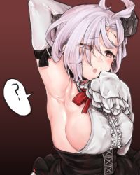 Rule 34 | 1girl, :o, ?, ahoge, arm behind head, armpits, azur lane, black skirt, blush, bow, bowtie, breasts, center frills, commentary request, cover, detached sleeves, eyes visible through hair, frilled sleeves, frills, gradient background, hair over one eye, hand up, hands in opposite sleeves, heterochromia, high-waist skirt, highres, large breasts, long sleeves, looking at viewer, meme attire, open mouth, orange eyes, purple eyes, red background, red bow, red bowtie, scar, scar on face, sideboob, skirt, solo, speech bubble, spoken question mark, taremayu (kikai tomato), terror (azur lane), virgin killer outfit