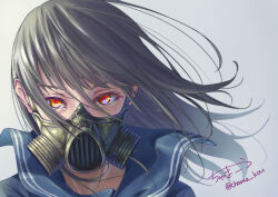 Rule 34 | 1girl, absurdres, artist name, blue sailor collar, brown hair, chama kou, close-up, covered mouth, floating hair, grey background, hair between eyes, highres, looking at viewer, original, portrait, red pupils, respirator, sailor collar, signature, solo, twitter username, wind, wind lift, yellow eyes
