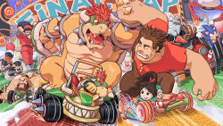 Rule 34 | 1girl, 6+boys, barbell, black hair, bowser, bowser jr., capcom, cape, crossover, crown, disney, doughnut, eclair, father and son, food, grin, hat, kart, king candy, m. bison, machine, mario (series), mario kart, masa (bowser), motor vehicle, multiple boys, muscular, nintendo, old, old man, ponytail, racing, sega, shell, short hair, smile, sonic (series), sonic (series), sonic the hedgehog, street fighter, super mario bros. 1, vanellope von schweetz, wreck-it ralph, wreck-it ralph (character), zangief