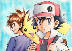 Rule 34 | 2boys, backpack, bag, baseball cap, black hair, black shirt, blue background, blue oak, brown bag, brown eyes, brown hair, closed mouth, commentary request, creatures (company), game freak, gen 1 pokemon, hands up, hat, highres, holding strap, jacket, looking at viewer, looking back, male focus, multiple boys, nintendo, oka mochi, on shoulder, pikachu, pokemon, pokemon (creature), pokemon on shoulder, pokemon rgby, purple shirt, red (pokemon), red jacket, shirt, short hair, short sleeves, smile, spiked hair, traditional media