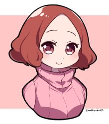 Rule 34 | 10s, 1girl, blush, brown eyes, brown hair, commentary request, do m kaeru, okumura haru, persona, persona 5, pink sweater, ribbed sweater, smile, solo, sweater, turtleneck, turtleneck sweater, twitter username, upper body