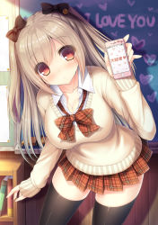Rule 34 | 1girl, black thighhighs, bow, breasts, brown hair, cellphone, classroom, highres, large breasts, long hair, original, phone, plaid, plaid bow, red eyes, school, school uniform, smartphone, solo, taiki ken, thighhighs, two side up, uniform