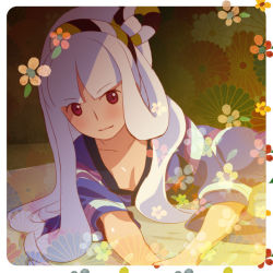 Rule 34 | 1girl, blunt bangs, breasts, cleavage, closed mouth, collarbone, hairband, japanese clothes, katanagatari, kimono, kutsuno, long hair, looking at viewer, lying, on stomach, print kimono, purple kimono, red eyes, silver hair, small breasts, solo, striped clothes, striped hairband, togame, very long hair
