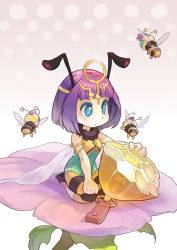Rule 34 | 1girl, antennae, arthropod girl, bee, bee girl, blue eyes, blush, bug, commentary request, dress, flower, full body, fur collar, green dress, honeycomb, insect, insect girl, insect wings, mistress (ragnarok online), open mouth, pink flower, purple hair, ragnarok online, short hair, sitting, sleeveless, sleeveless dress, socks, solo, tennohi, tiara, wariza, white socks, wings