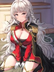 Rule 34 | 1girl, aiguillette, azur lane, between legs, black dress, black thighhighs, blunt bangs, blush, braid, breasts, buran (22x), cape, cleavage, closed mouth, commentary request, dress, epaulettes, gloves, green cape, grey eyes, grey hair, hair intakes, hand between legs, highres, indoors, jacket, large breasts, long hair, long sleeves, looking at viewer, medallion, on bed, partial commentary, pillow, pleated dress, red jacket, sidelocks, sitting, smile, solo, thighhighs, very long hair, vittorio veneto (azur lane), wariza, white gloves, zettai ryouiki