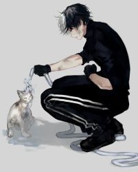 Rule 34 | 1boy, animal, black footwear, black gloves, black hair, cat, dirty, dirty face, closed eyes, gloves, grey background, holding, holding hose, hose, kkxmxx, male focus, multicolored hair, open mouth, original, simple background, sleeves rolled up, squatting, turtleneck, washing, water, white cat, white hair, yellow eyes