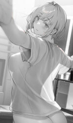 Rule 34 | 1girl, absurdres, ass, blush, breasts, commentary request, from behind, gentsuki, hair intakes, highres, large breasts, looking at viewer, monochrome, original, parted lips, see-through silhouette, shirt, short hair, short sleeves, smile, solo