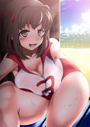Rule 34 | 10s, 1girl, bare shoulders, blush, breasts, brown eyes, brown hair, cleavage, curvy, girls und panzer, gym uniform, headband, kondou taeko, large breasts, long hair, looking at viewer, open mouth, smile, solo, sweat, thick thighs, thighs, yottin
