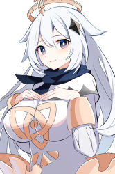 Rule 34 | aged up, blue eyes, blue scarf, breasts, bright pupils, cape, commentary request, e.o., eyelashes, genshin impact, hair ornament, halo, hands on own chest, highres, large breasts, long hair, looking at viewer, mechanical halo, paimon (genshin impact), puffy sleeves, scarf, silver hair, simple background, smile, solo, star (symbol), star hair ornament, upper body, white background, white pupils