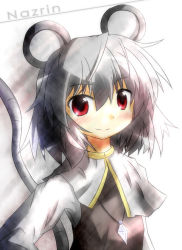 Rule 34 | 1girl, animal ears, blush, capelet, dress, female focus, grey dress, grey hair, jewelry, mouse ears, mouse tail, nazrin, necklace, pendant, red eyes, short hair, smile, solo, sunlight, tail, touhou, upper body, yurume atsushi