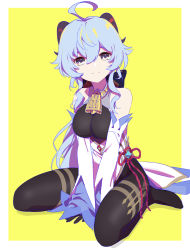 Rule 34 | 1girl, absurdres, ahoge, bare shoulders, bell, between legs, black bodysuit, blue hair, bodystocking, bodysuit, border, breasts, cape, closed mouth, commentary, cowbell, detached sleeves, flower knot, full body, ganyu (genshin impact), genshin impact, goat horns, grey eyes, halterneck, hand between legs, highres, horns, large breasts, long hair, looking at viewer, robotta, simple background, sitting, sleeves past wrists, smile, solo, vision (genshin impact), waist cape, wariza, white border, white cape, yellow background