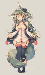 Rule 34 | 1girl, animal ear fluff, animal ears, black bow, black thighhighs, bow, breasts, cleavage, commentary request, detached sleeves, fang, full body, garter straps, green hair, grey background, hair between eyes, hair bow, highres, kuromiya, kuromiya raika, large breasts, long hair, looking at viewer, open mouth, original, simple background, solo, standing, tail, thighhighs
