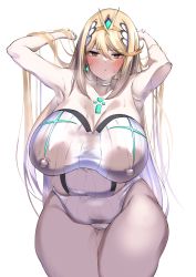 Rule 34 | 1girl, absurdres, armpits, arms up, bare shoulders, blonde hair, blush, breasts, chest jewel, choker, cleavage, collarbone, covered erect nipples, earrings, female focus, hair between eyes, highres, holding, holding own hair, huge breasts, jewelry, legs together, long hair, looking at viewer, mythra (radiant beach) (xenoblade), mythra (xenoblade), one-piece swimsuit, plump, ryouten9, simple background, skindentation, solo, standing, strapless, strapless one-piece swimsuit, sweat, swimsuit, thighs, tiara, white background, white choker, xenoblade chronicles (series), xenoblade chronicles 2, yellow eyes