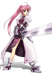 Rule 34 | &gt;:d, 00s, 1girl, :d, ahoge, ankle boots, arm guards, armlet, armor, armored dress, bare legs, boots, full body, gloves, holding, holding sword, holding weapon, laevatein (nanoha), legs apart, lyrical nanoha, mahou shoujo lyrical nanoha, mahou shoujo lyrical nanoha a&#039;s, open mouth, ponytail, puffy short sleeves, puffy sleeves, short sleeves, signum, simple background, smile, solo, standing, sword, tabard, v-shaped eyebrows, waist cape, weapon, whip sword, white background