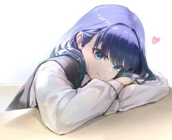 Rule 34 | 1girl, absurdres, black sweater vest, blue eyes, blue hair, closed mouth, commentary, hair behind ear, heart, highres, jinribbit, kurokawa akane, leaning on table, long hair, long sleeves, looking at viewer, oshi no ko, puffy sleeves, school uniform, simple background, smile, solo, spoken heart, sweater vest, symbol-only commentary, upper body, white background